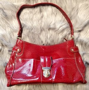 LIZ CLAIBORNE Red Croc Embossed Faux Patent Leather Shoulder Bag